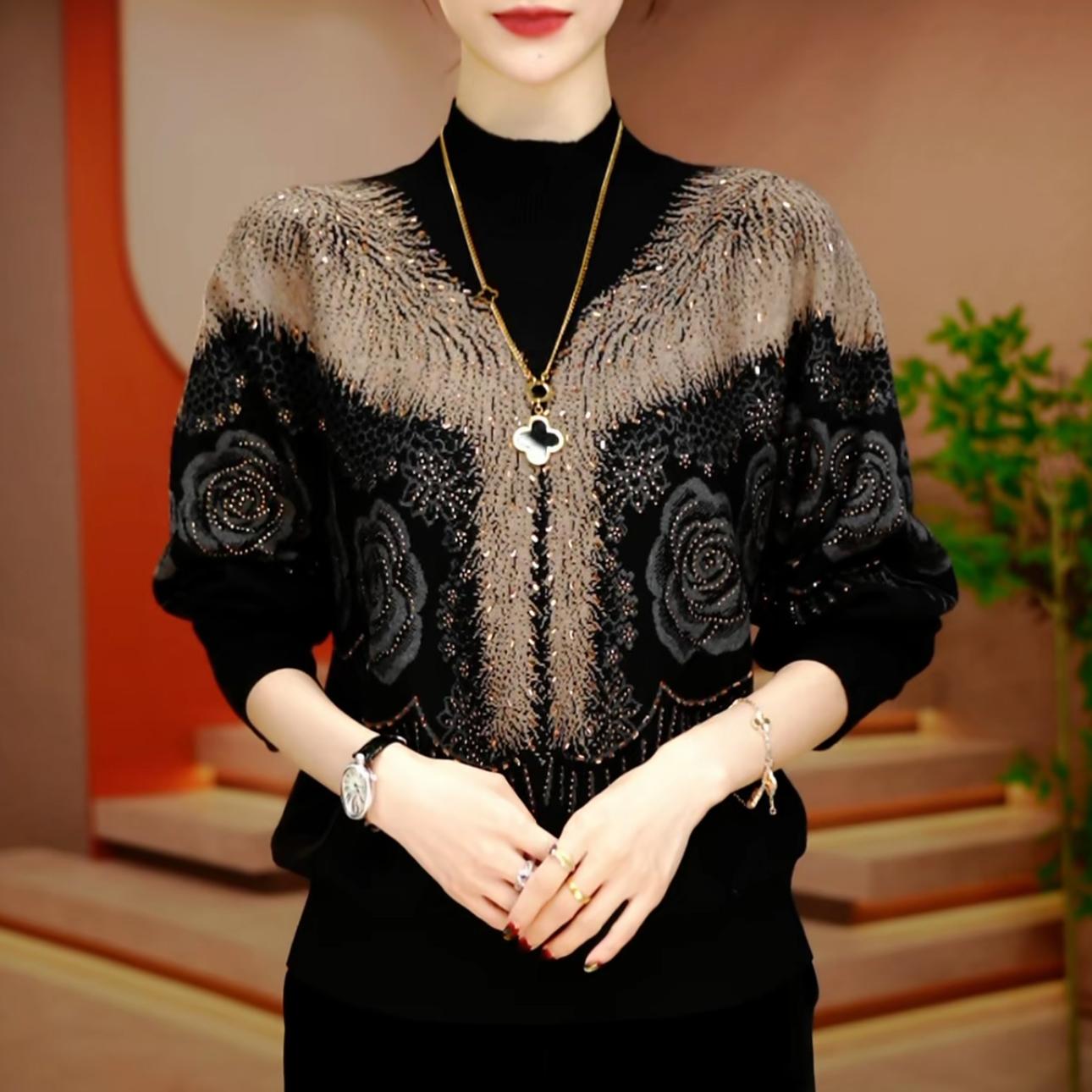 洋气减龄提花烫钻长袖针织衫女2025冬季新款百搭显瘦气质保暖上衣