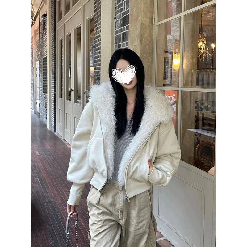 Moses Queen/魔西女王美式连帽卫衣外套冬季加绒加厚短款开衫上衣
