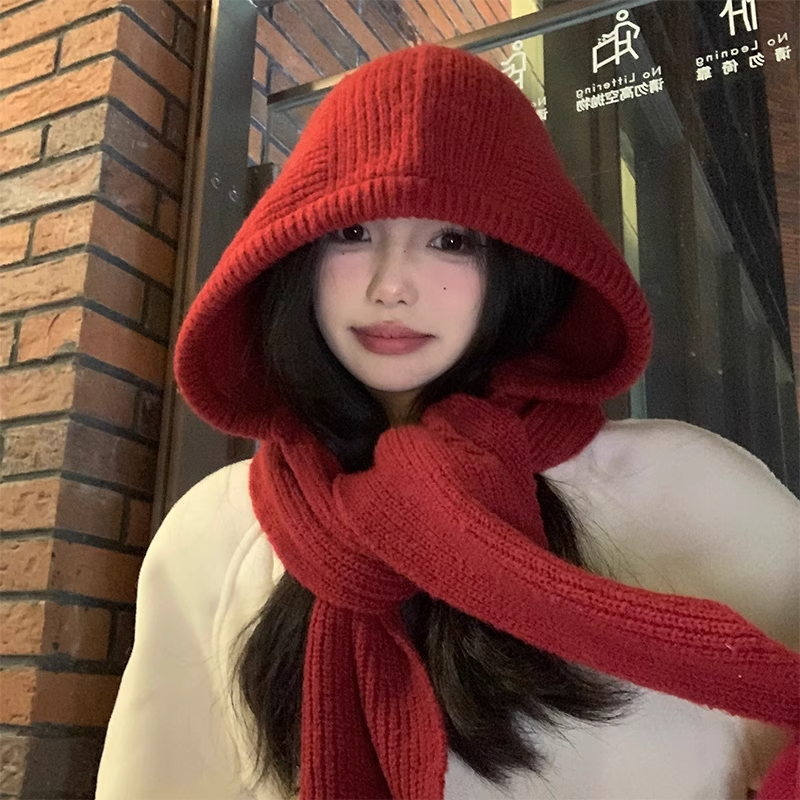 韩版红色绑带帽子女冬季氛围感羊毛拉法帽复古套头针织帽护耳帽