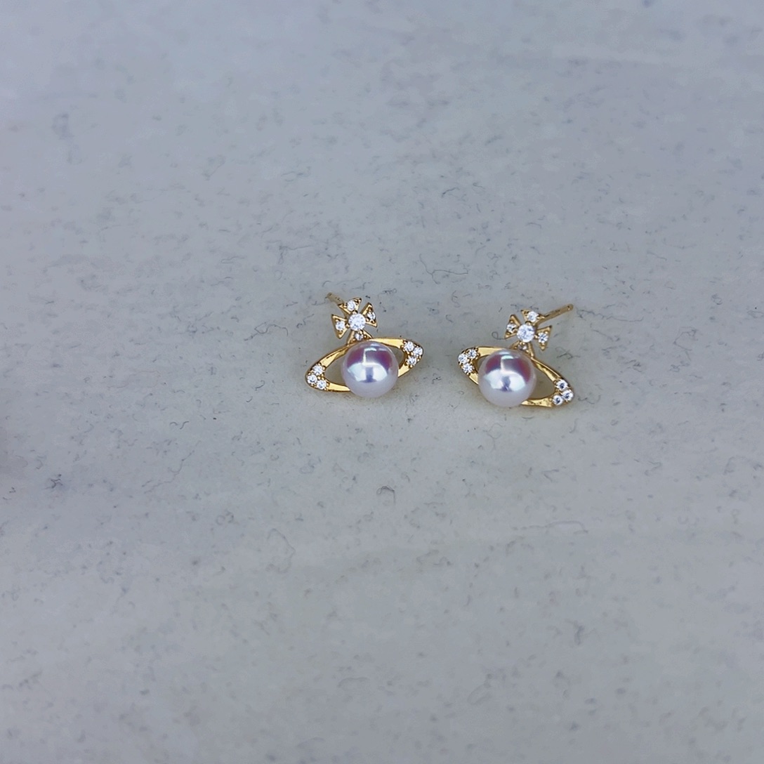 海水珍珠海水akoya土星耳钉5-6mm银S925镶嵌