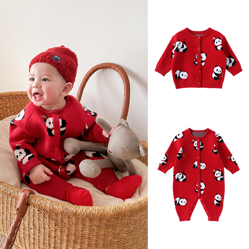宝宝拜年服包芯纱毛衣红色爬服婴儿爬服针织连体衣新年周岁礼哈衣