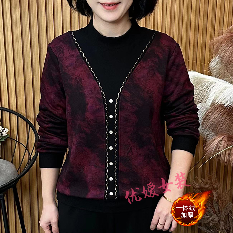 中老年女装冬季加绒保暖圆领烫钻宽松显瘦百搭洋气妈妈装长袖上衣