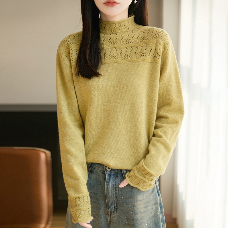法式优雅~重工钩花镂空！半高领宽松纯色百搭针织打底衫女毛衣