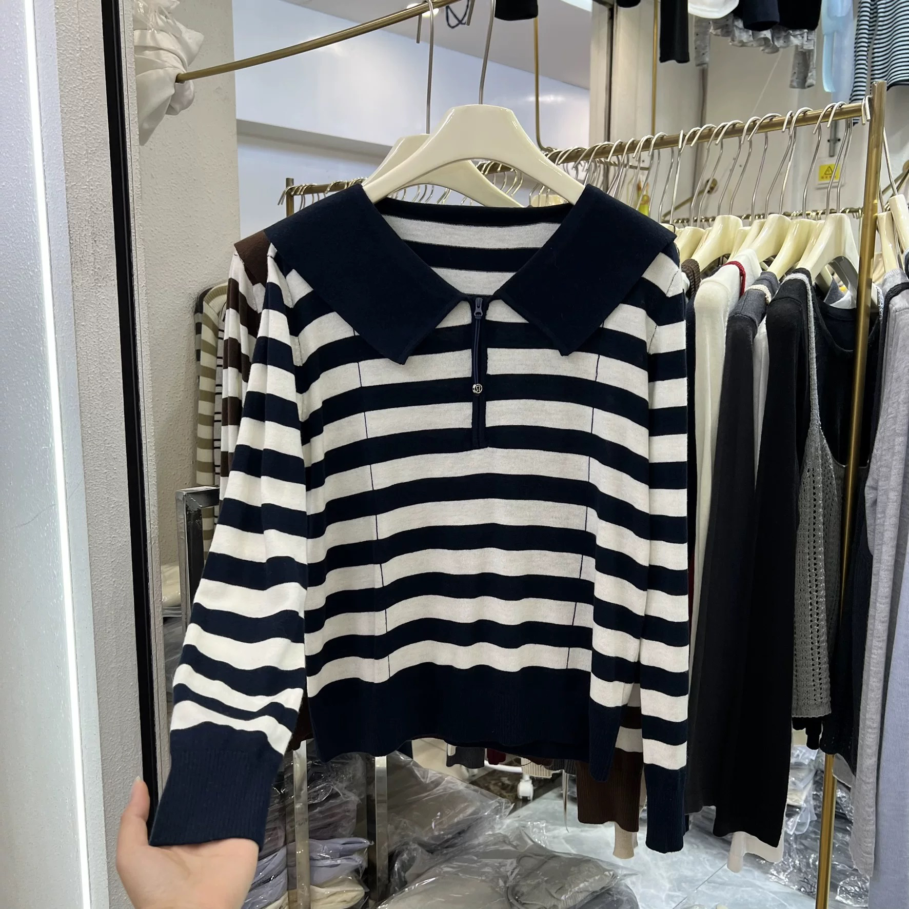 拼色条纹薄款针织衫针织毛针织衫娃娃领女翻领女装