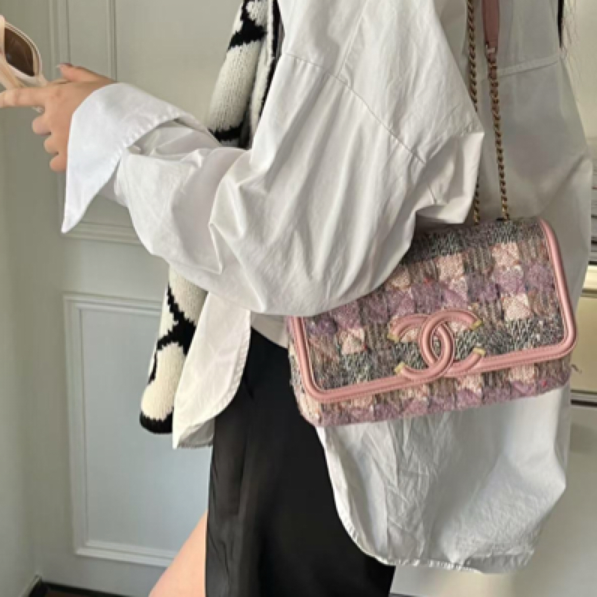 95新 Chanel/香奈儿 AZUL-粉色vanitycase毛呢针织单肩包37028