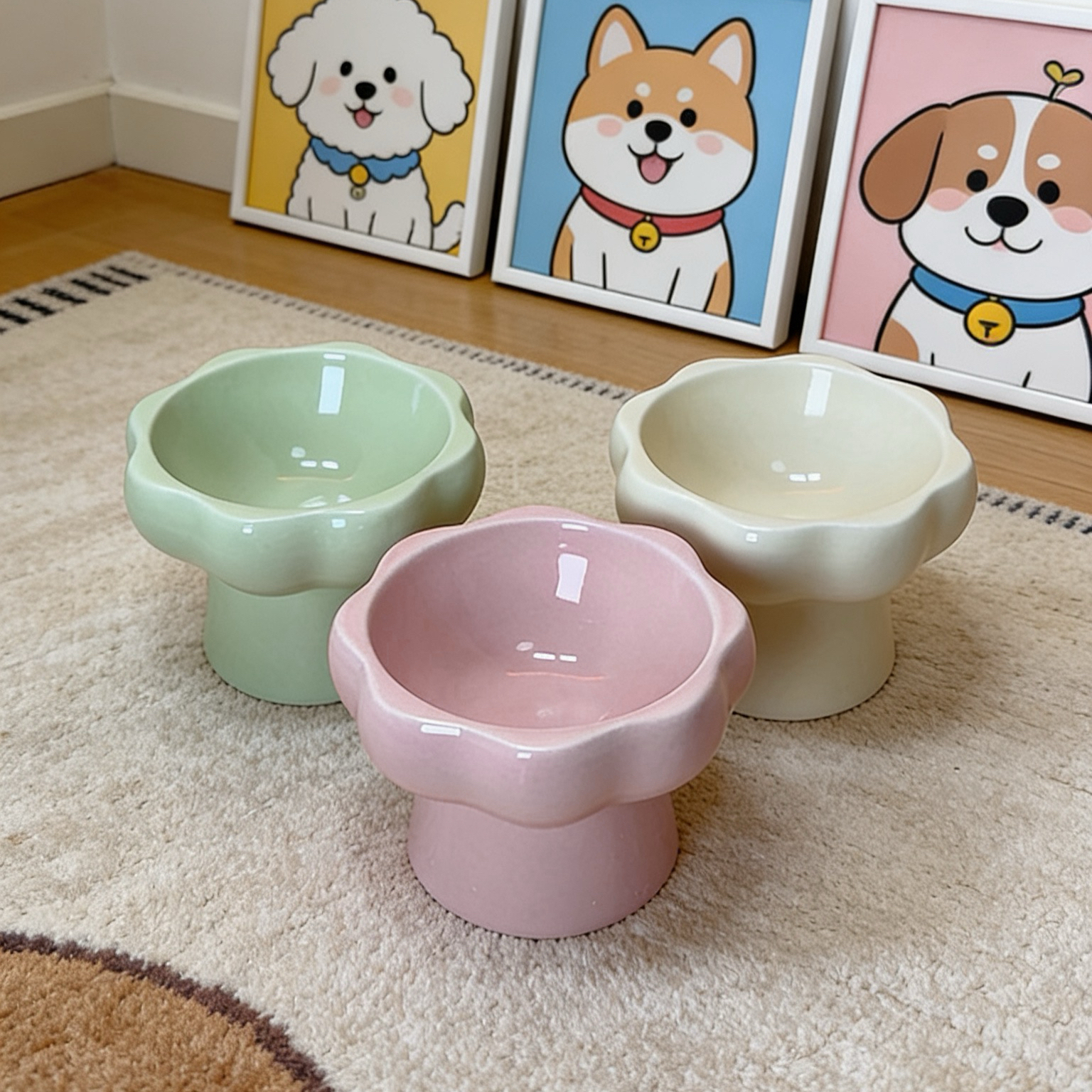 创意陶瓷高脚斜口宠物碗护颈防滑防打翻猫狗通用
