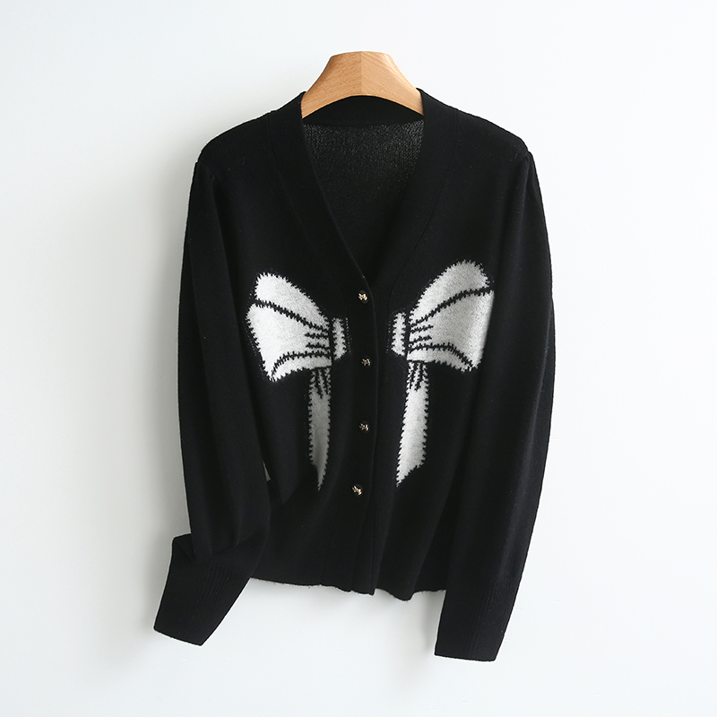 【开播福利】蝴蝶结V领修身薄款针织开衫#UPY48U031