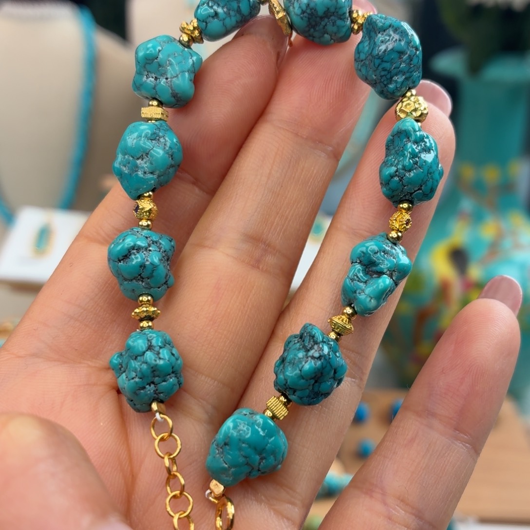 绿松石银S925镀金镶嵌手链