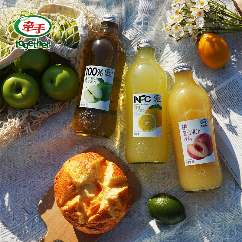 牵手果汁双柚汁/青苹果汁/桃汁1L玻璃瓶装果汁整箱即饮果汁