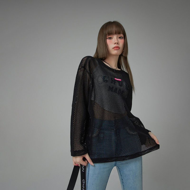 B009【金拐子专属】CHUU纯色个性镂空叠穿宽松长袖网格罩衫T恤-F