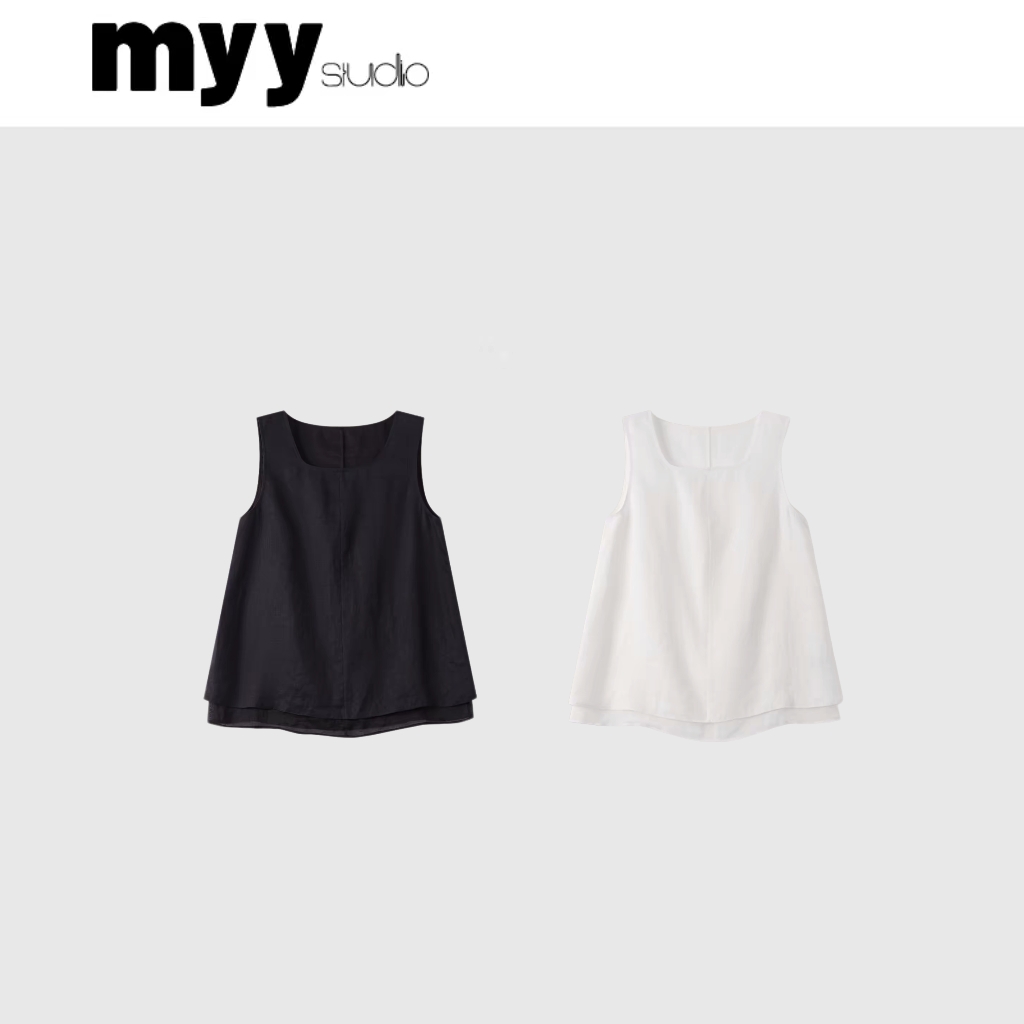 雨小琪 小甜心 双层麻背心/row风简约方u领假两件亚麻背心