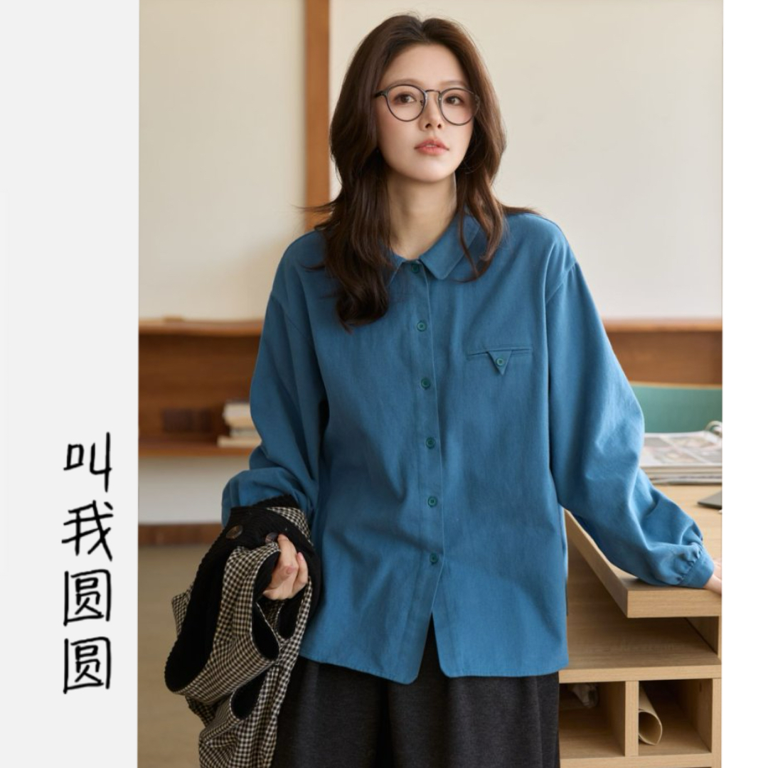 圆圆 【雾蓝慕斯】休闲纯色百搭小设计宽松口袋设计衬衣 YY 11822