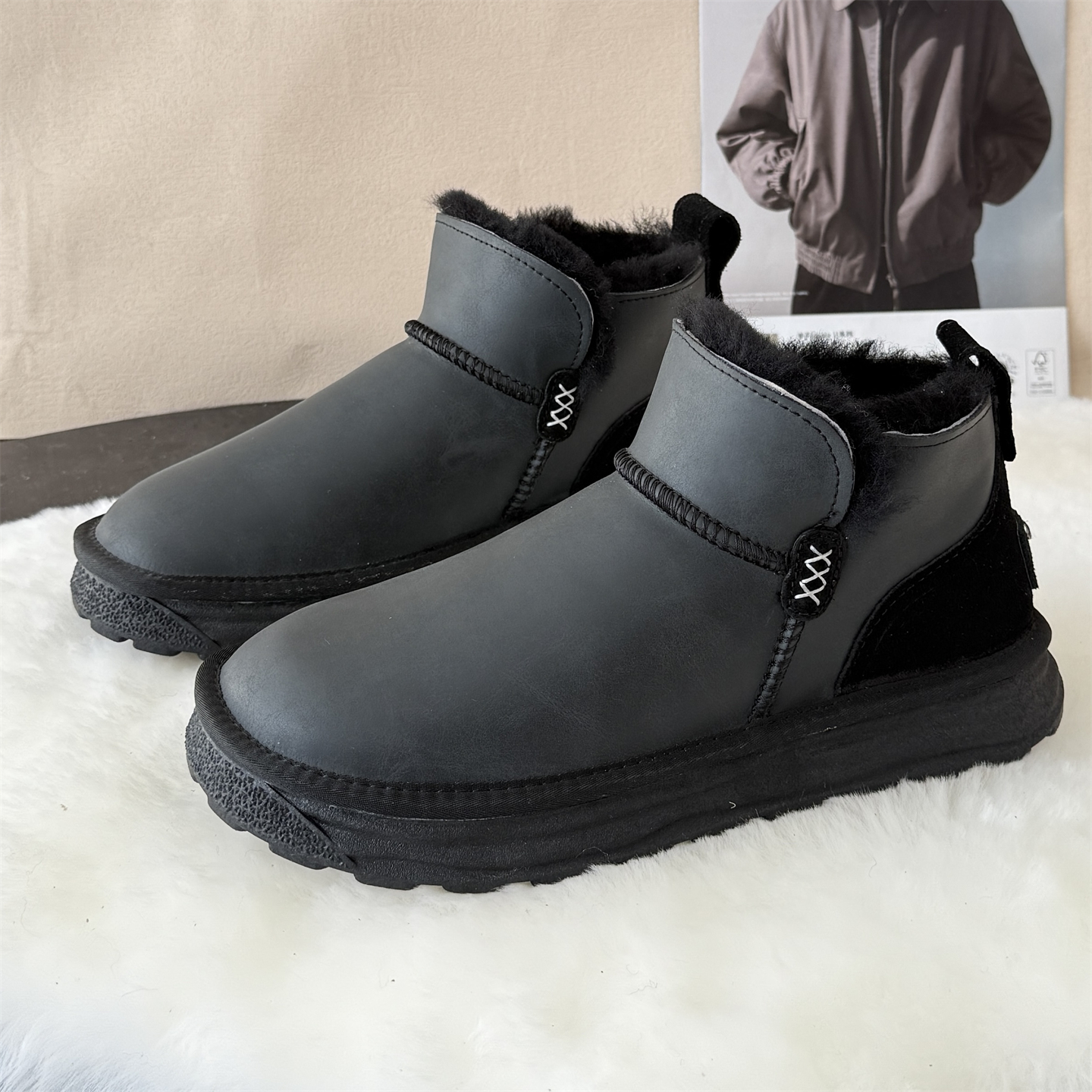 C1699冬季防水防滑保暖全羊毛男士雪地靴平跟软底东北大棉鞋牛皮