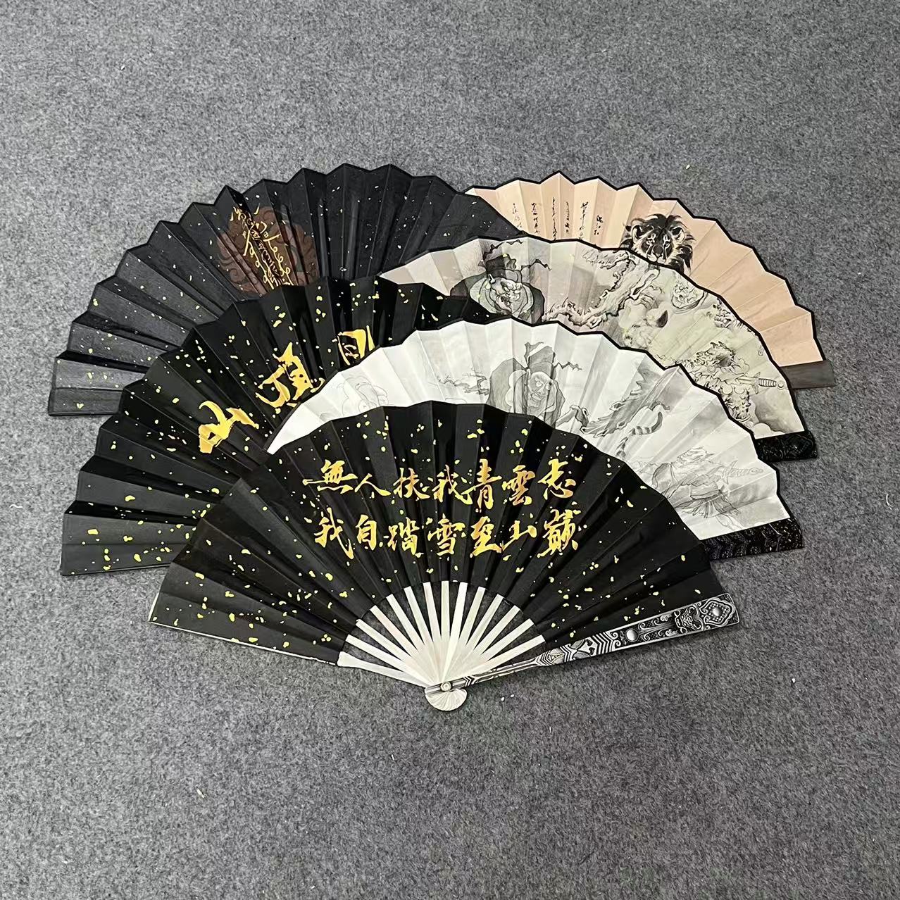 金属扇骨绢布折扇钟馗发财架子摆件