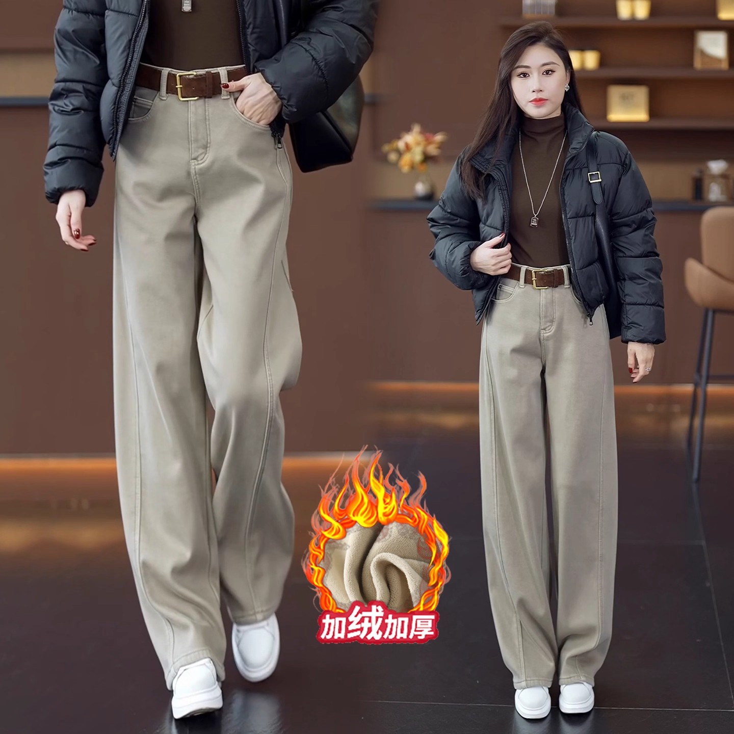 高端卡其色加绒直筒牛仔裤女秋冬高腰小个子窄版弯刀阔腿裤25新款