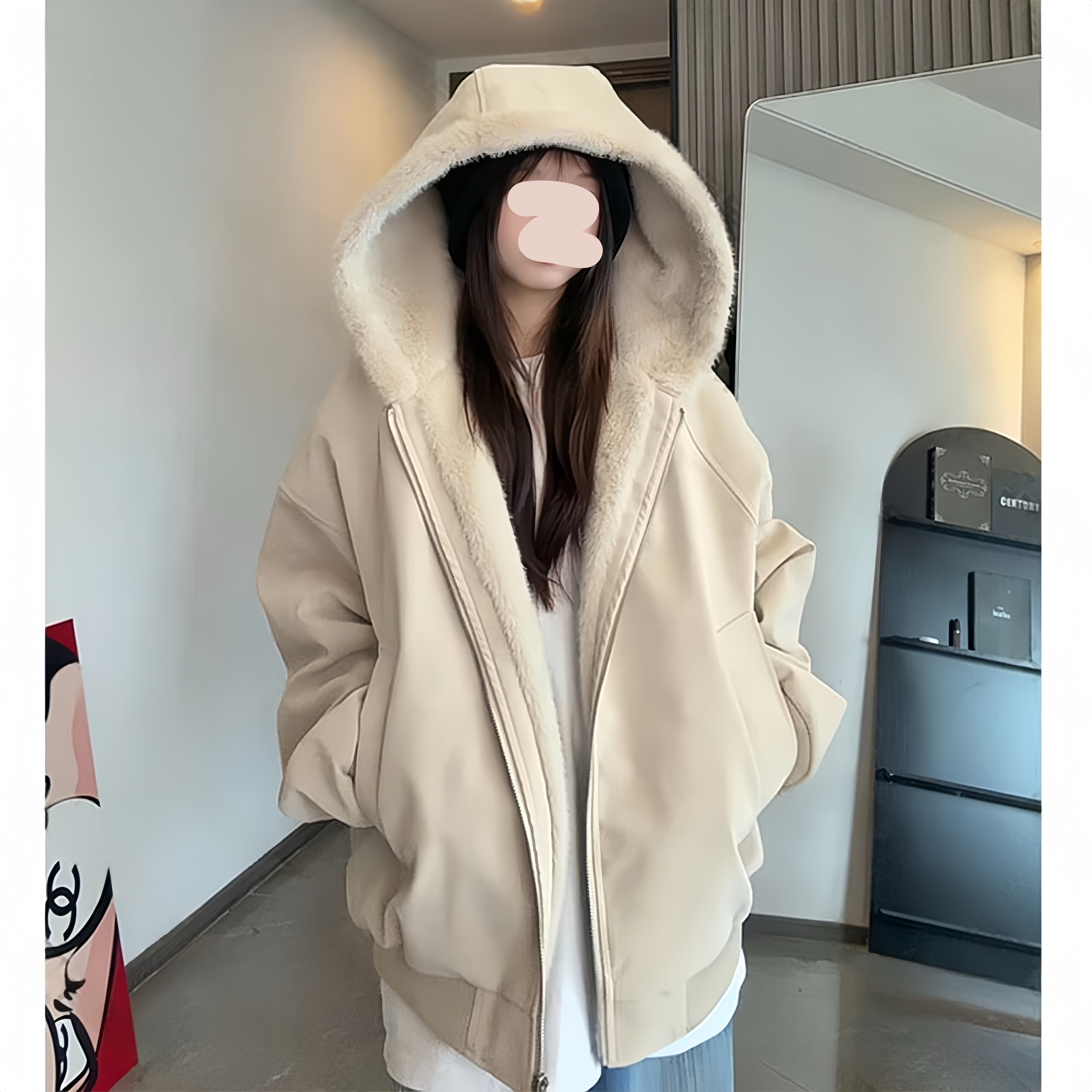美式复古座山雕PU皮棉服外套男女款冬季加绒加厚情侣连帽毛领棉衣