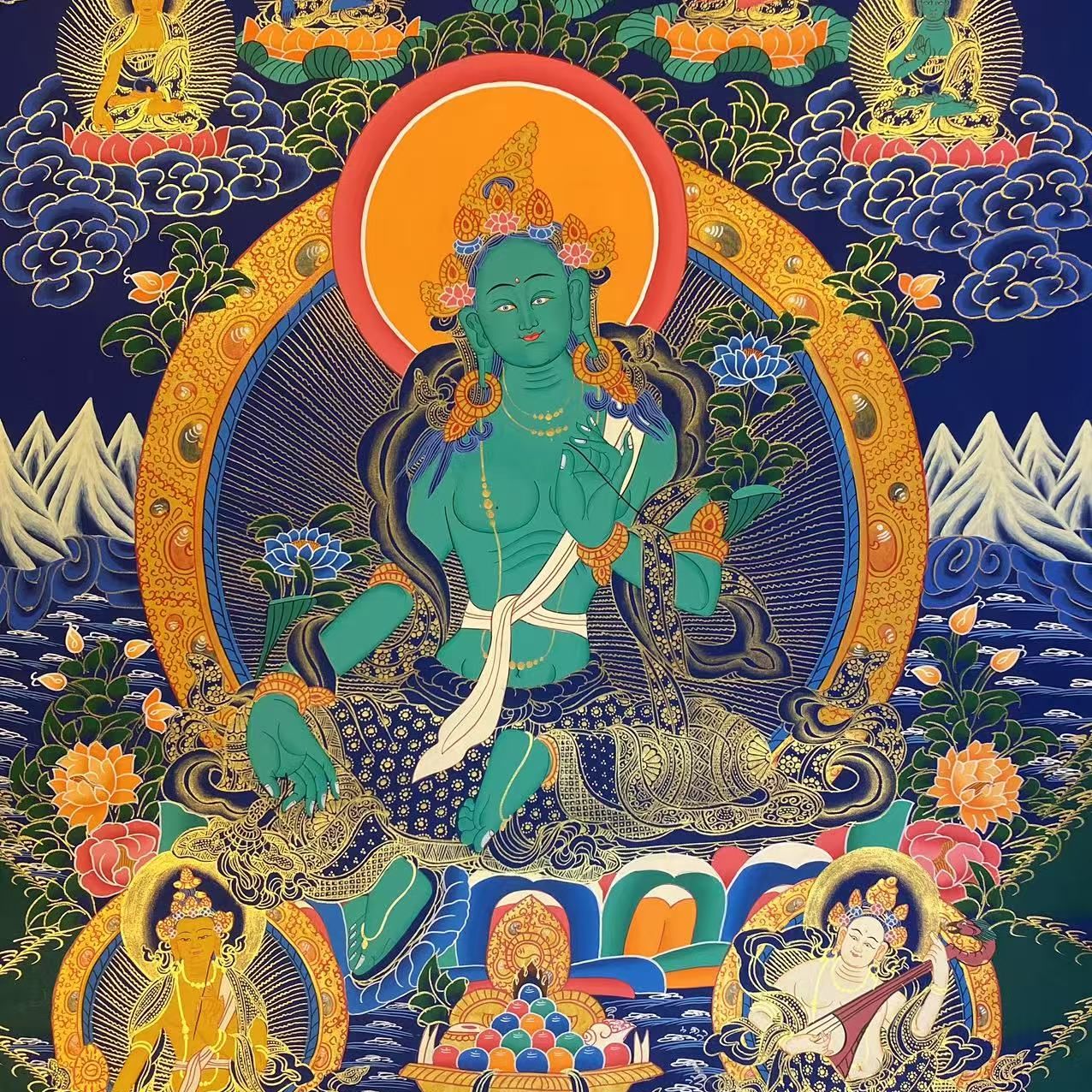 纯手绘多尊绿度母唐卡尺寸75*50客厅玄关办公室装饰挂画