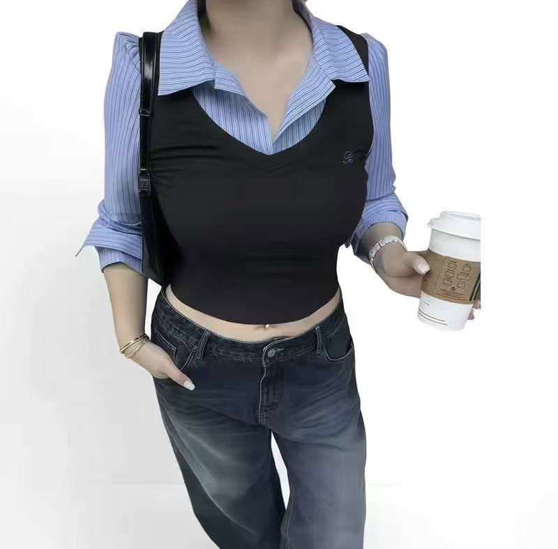 大宝家《心跳旋律》刺绣修身拼接假两件长袖衬衫上衣女