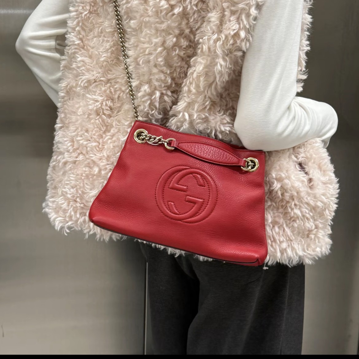 95新 GUCCI/古驰 /全皮/红色/链条托特包