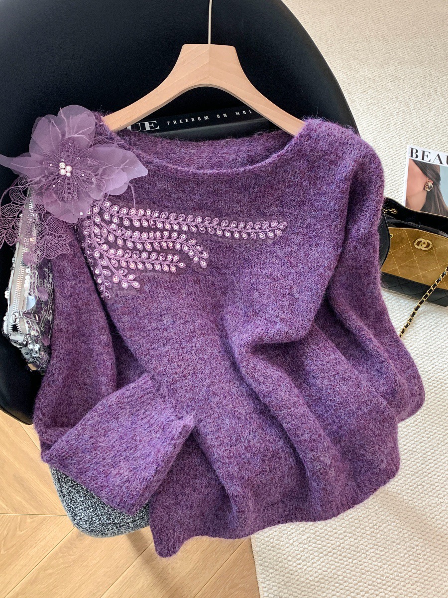 实拍～Mai Mai◆重工烫钻立体花朵长袖针织衫女秋冬设计感漂亮毛衣