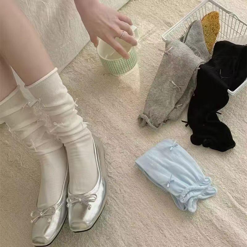 芭蕾风蝴蝶结jk洛丽塔袜子女过膝白色夏天防滑小腿堆堆袜无骨袜子