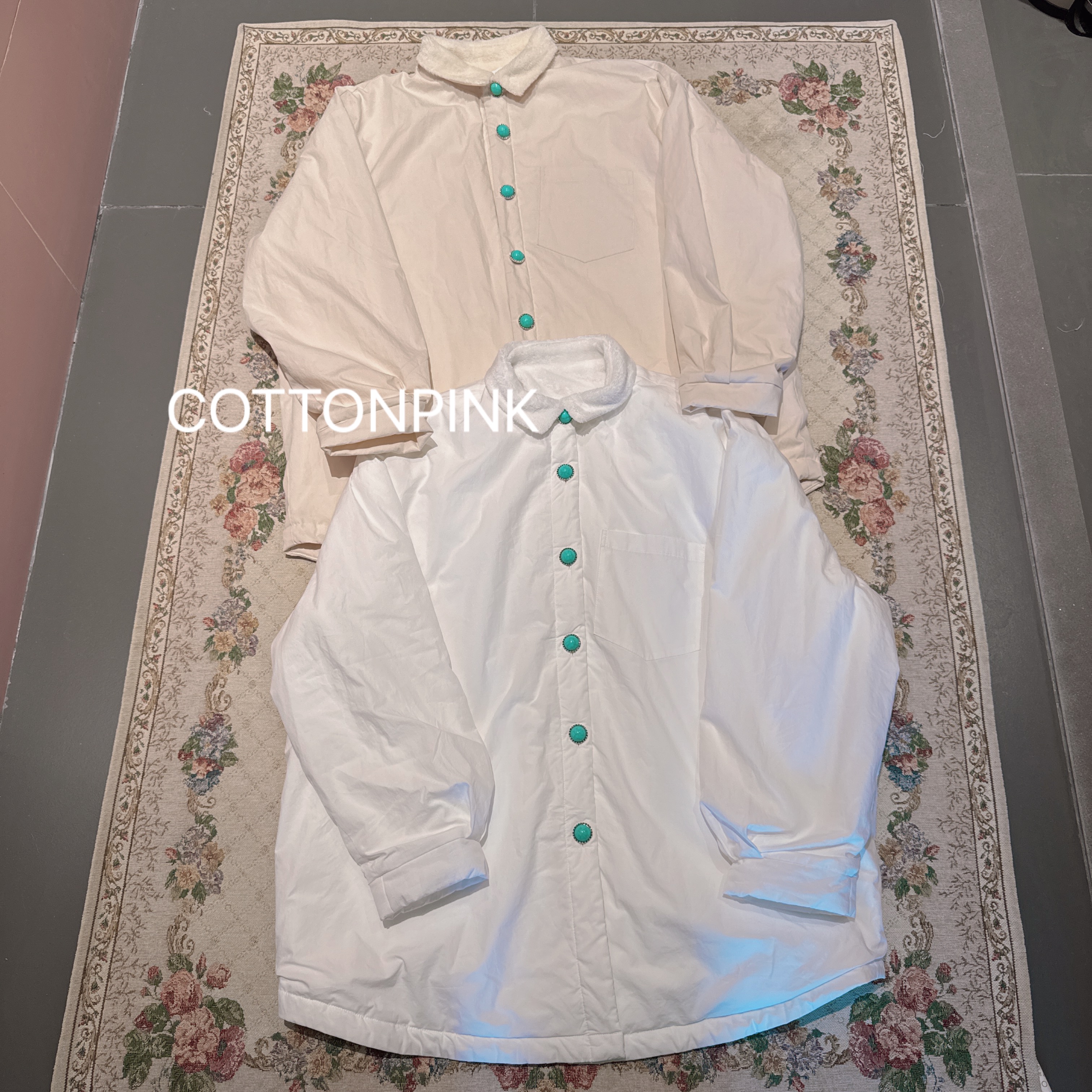 COTTONPINK女装小众设计师款秋冬保暖毛绒内里绿松石扣子棉衣外套