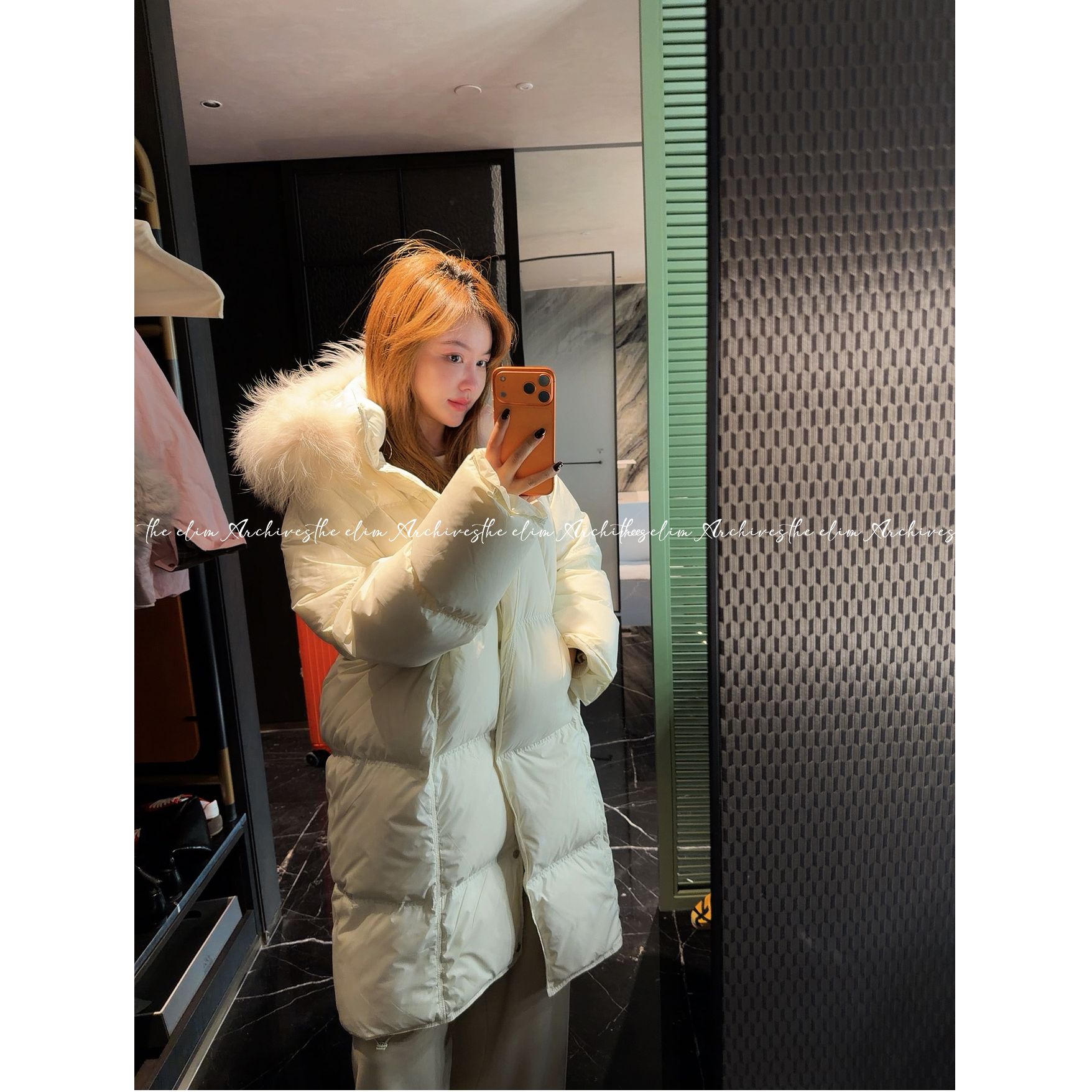 【以琳档案】“冬日来信”双色泡芙毛领中长款白鹅羽绒服# LN023335