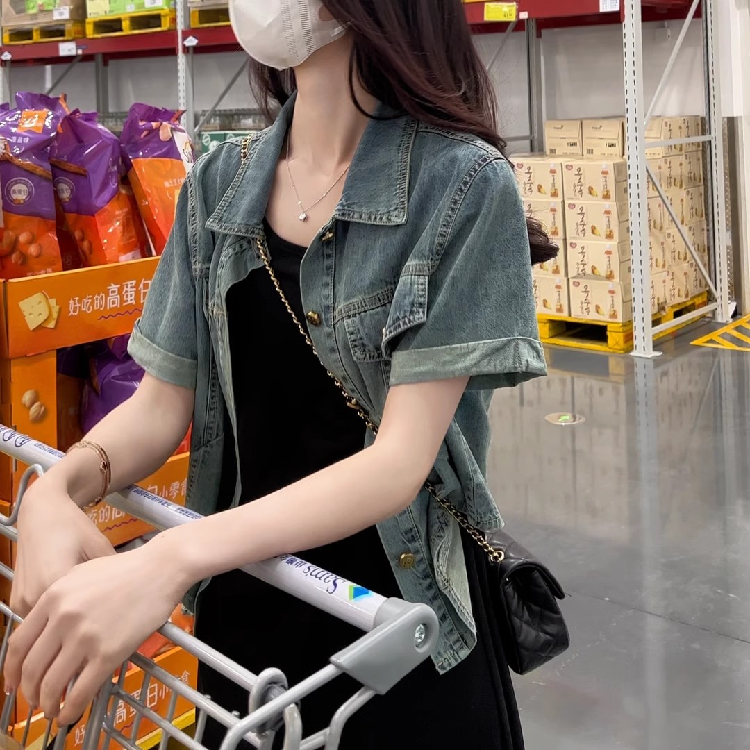 2025百搭polo领短款牛仔外套设计感气质女薄款美式复古短袖上衣