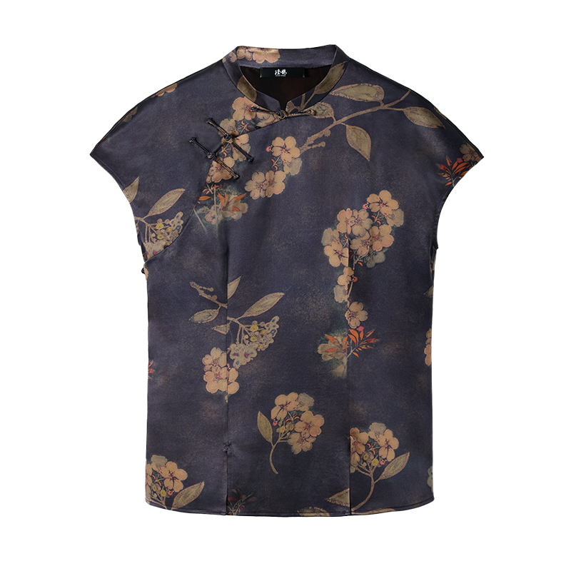 中国丝绸隆鹊『紫底繁花』香云纱短袖中式女装夏季日常百搭气质高档