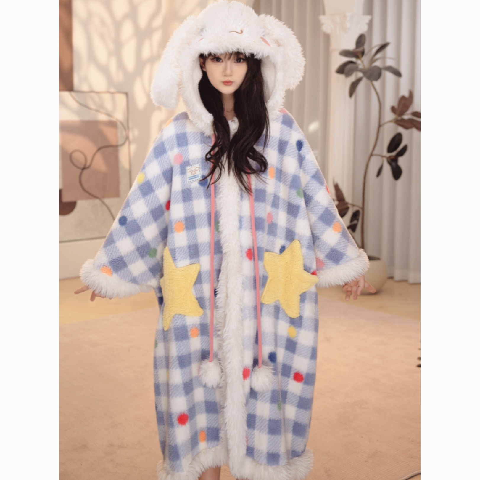 【大耳狗！】学生卡通可爱外穿睡袍睡衣女秋冬季加绒长款连帽保暖