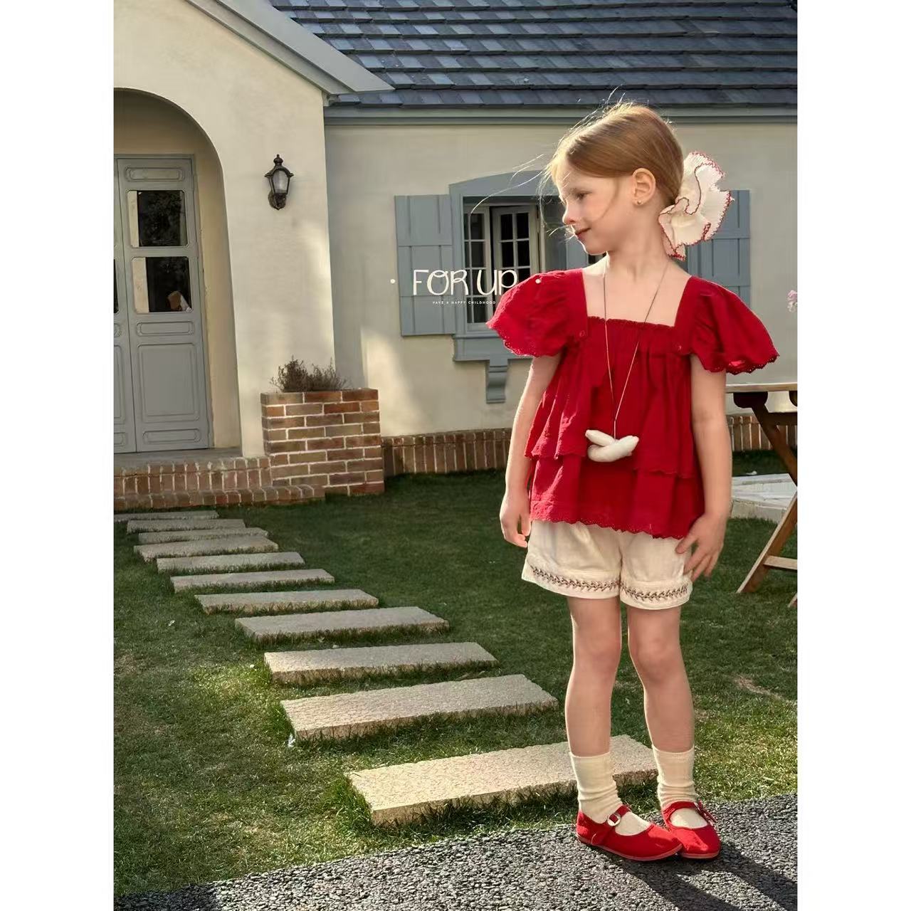 【现货】251-FU-85021辣椒红法式琳娜花朵提花飞袖上衣