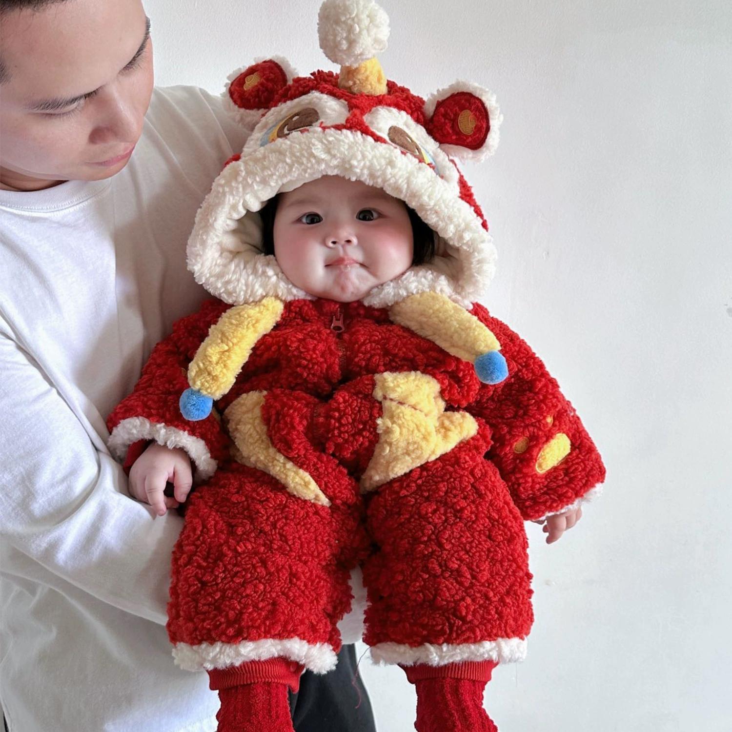 新生婴幼儿秋冬季拜年服羽绒棉服一岁宝宝外出冬款加绒加厚连体衣