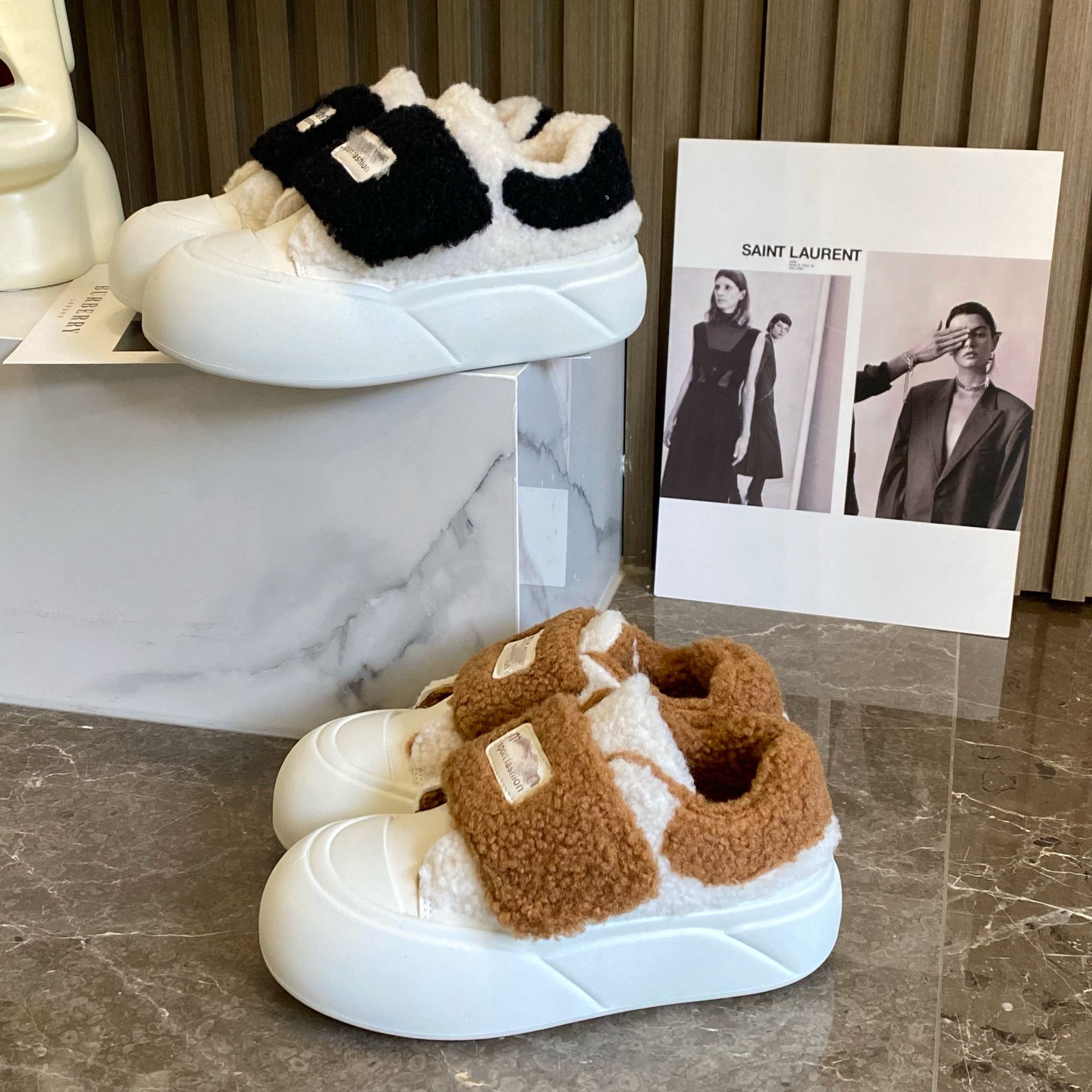 【现货清】毛毛鞋女冬外穿加绒小白鞋丑萌大头面包鞋厚底增高百搭