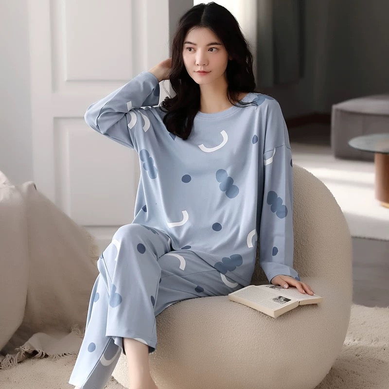 郑小姐~春秋新款100%纯棉休闲可外穿蓝色波点家居服套装长裤长袖