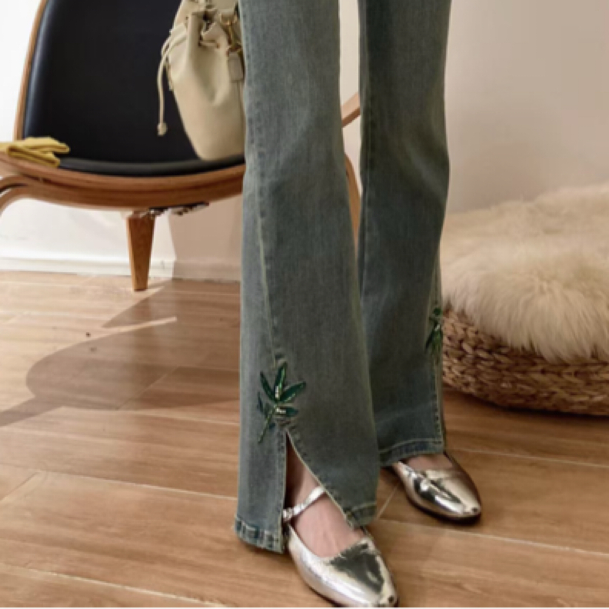 新中式国风微喇牛仔裤竹叶刺绣高腰显瘦开叉长裤