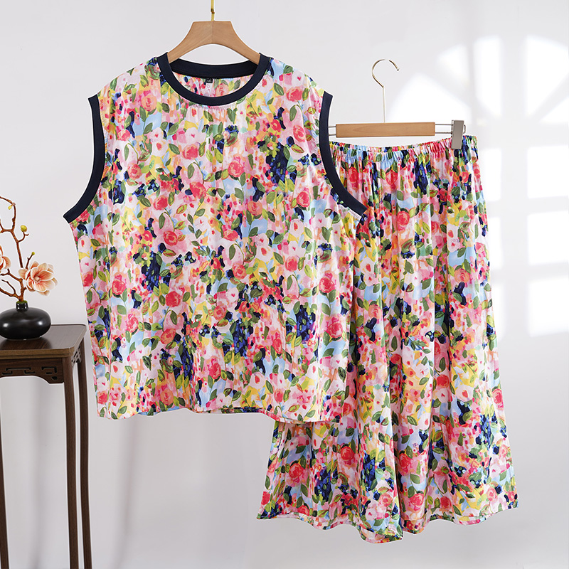 棉绸睡衣女夏季无袖七分裤加肥加大码胖MM200斤薄款宽松家居服