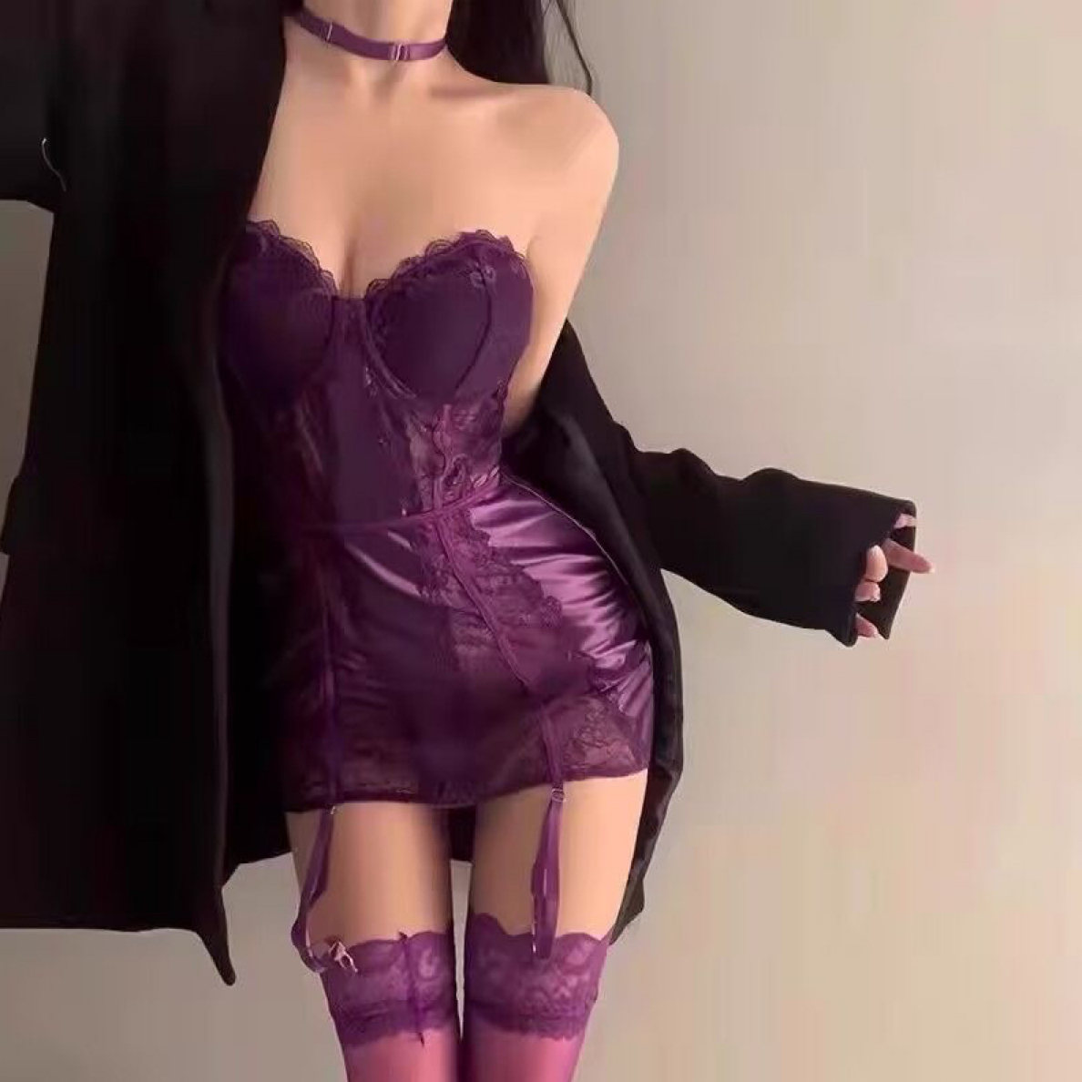性感紫色连衣裙带袜夹挂脖缎面拼蕾丝紧身包臀裙裹胸连衣裙火辣