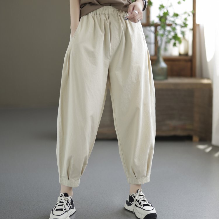 2025春季新款大码宽松百搭休闲裤文艺束脚复古高腰极简纯色女裤