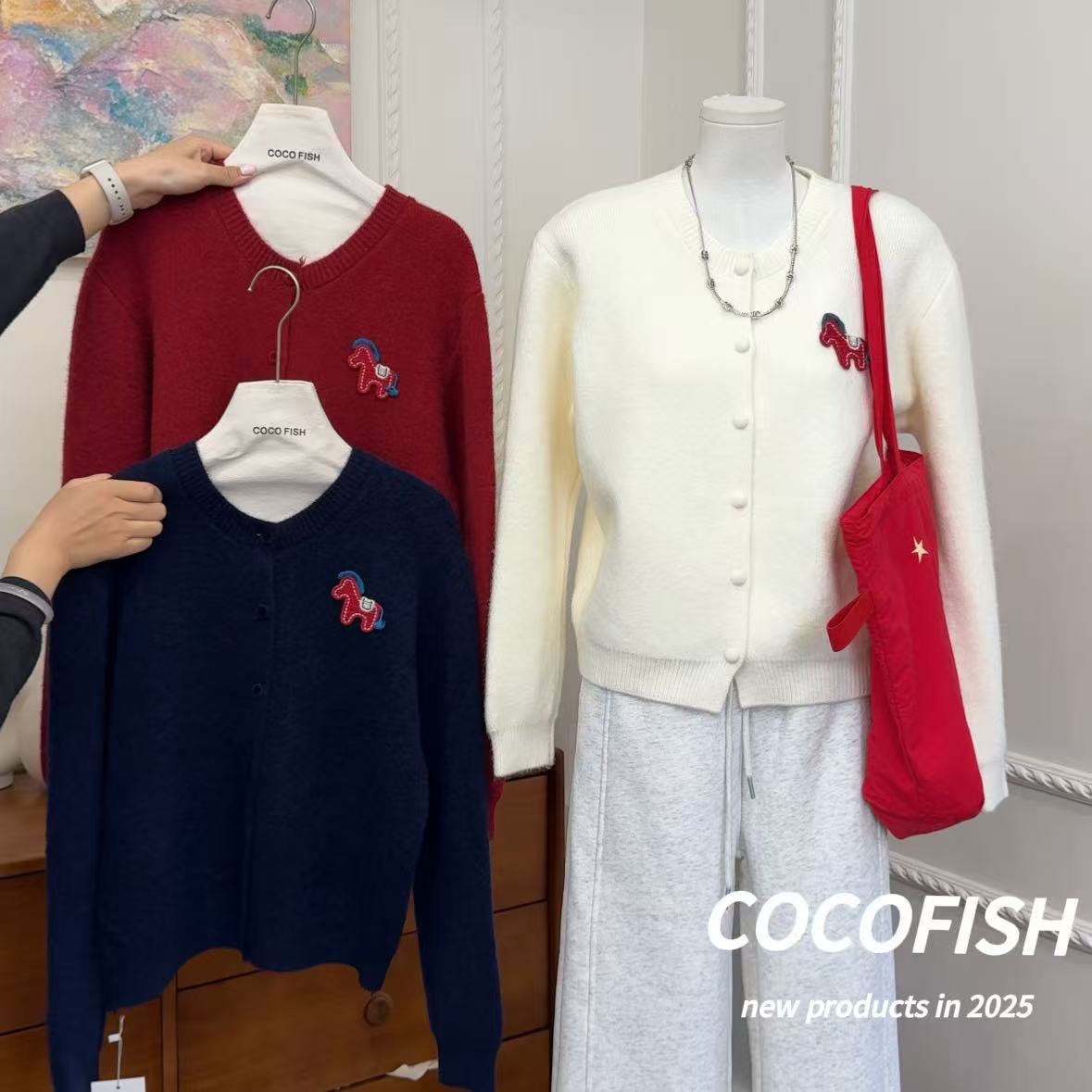 通勤简约圆领小马图案针织毛衣开衫外套#82545