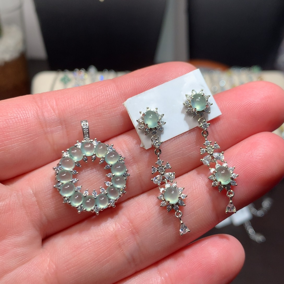 翡翠耳饰银S925镶嵌0022