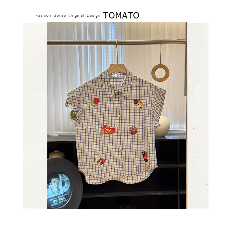 【TomaTo】涩谷恋 夏季学院风日韩系格子刺绣宽松T衬衫C25T042901