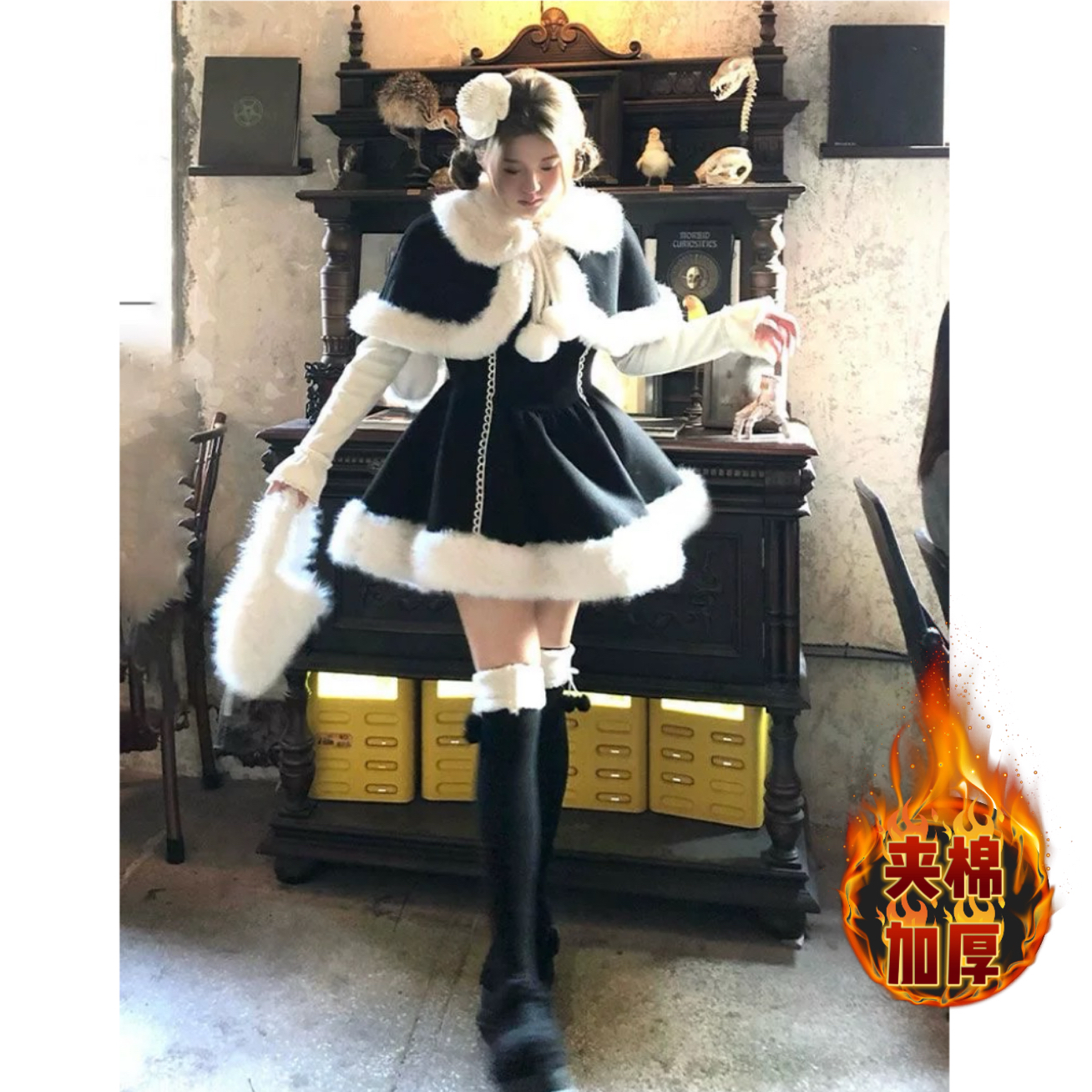 【兔子小姐两件套】夹棉加厚套装裙女秋冬加厚毛绒拼接裙子两件套