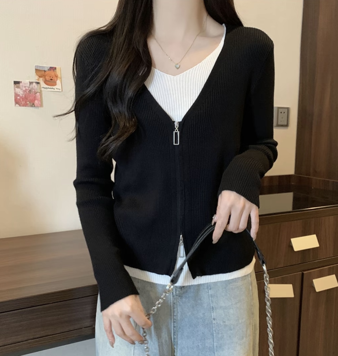 【80-180斤】韩版女装拼接时尚气质显大码百搭拼色假两件针织衫女