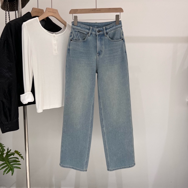 1697窄版阔腿牛仔裤女秋冬新款加绒显瘦百搭直筒裤