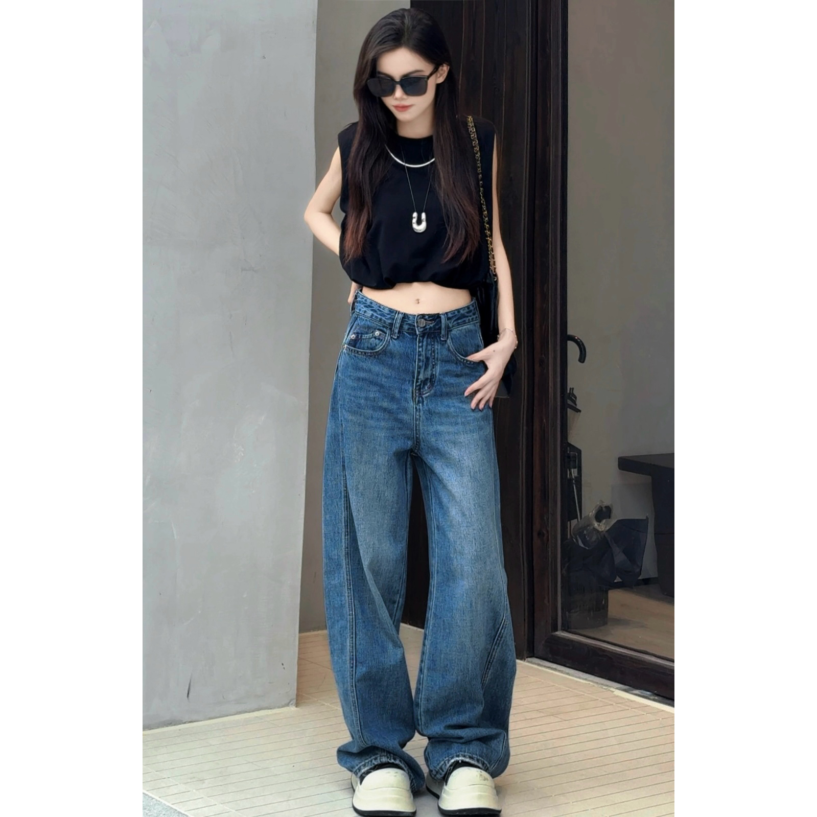 【平行线】中高腰阔腿牛仔裤女秋季新款显瘦百搭垂感气质拖地裤