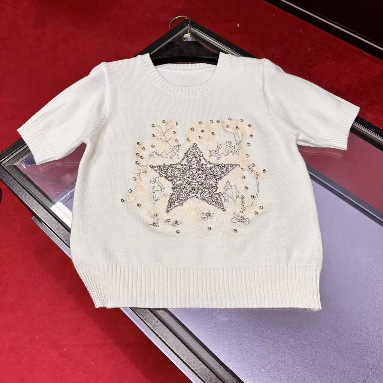 E592轻奢女装五角星毛针织衫短袖打底卡通不褪色网红女刺绣时尚