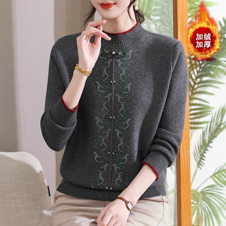 妈妈装秋冬加绒加厚毛衣新款一体绒保暖打底衫中老年女洋气上衣服