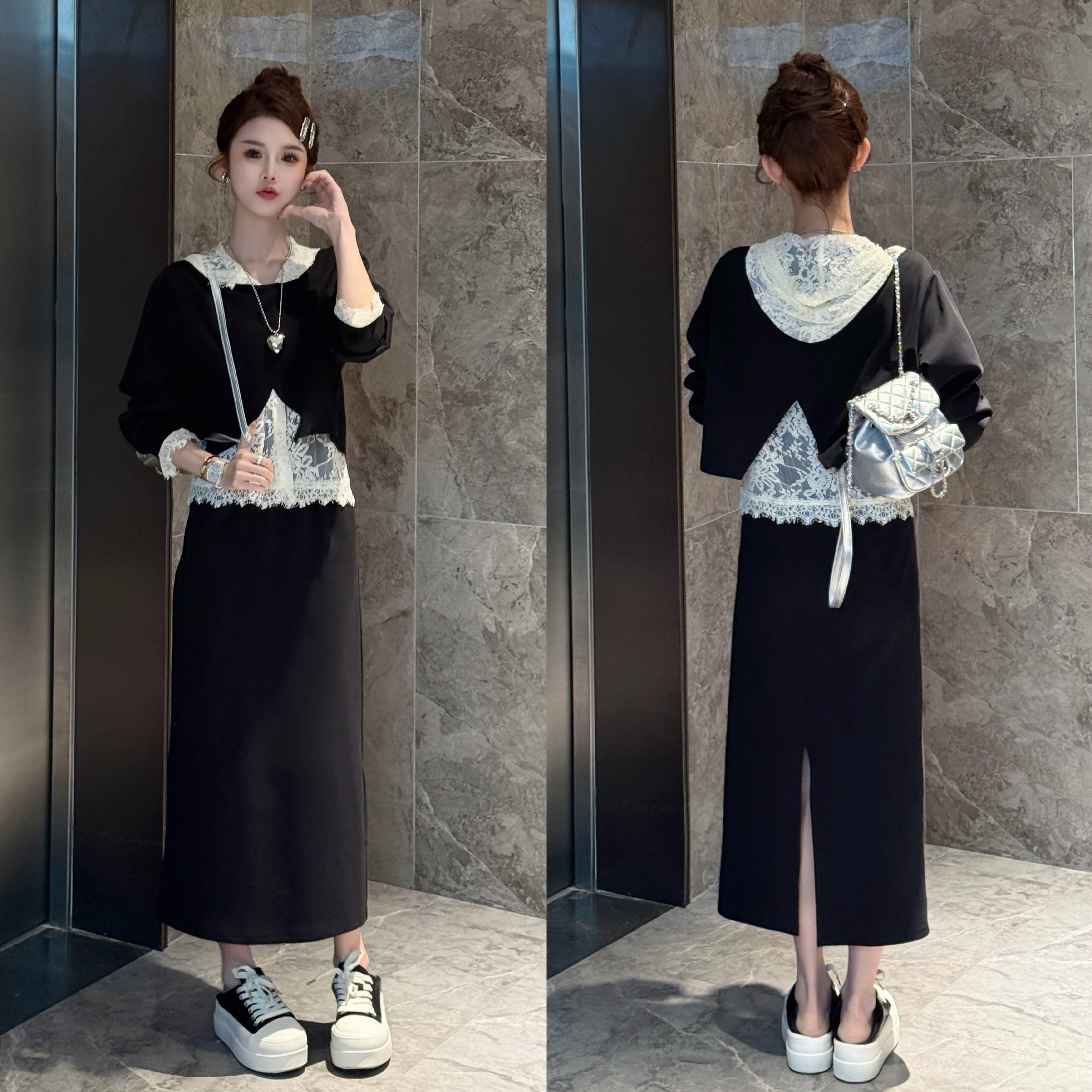 2025春季新款韩系慵懒通勤蕾丝连帽后背开又减龄套装