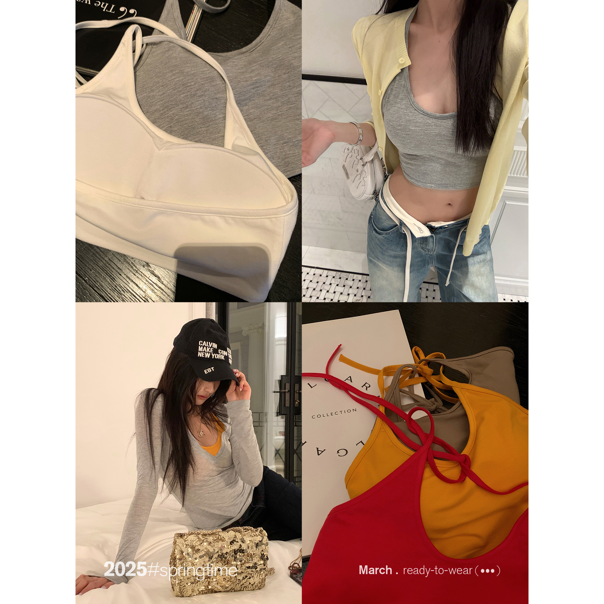 SUNONEONE 自带胸垫挂脖吊带背心女春夏修身绑带短款上衣H0927A