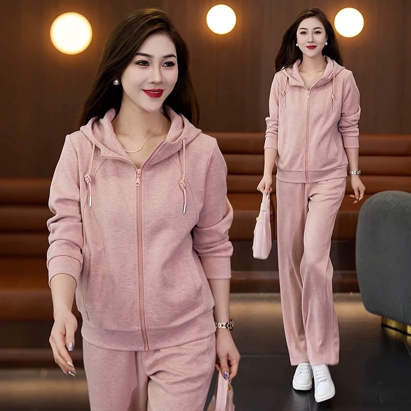 高端气质休闲运动套装女春秋新款宽松减龄连帽灰色卫衣两件套2508